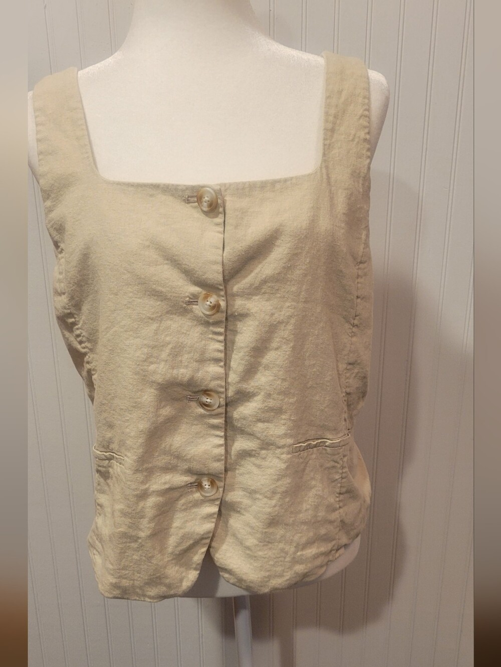 Size Xl Like New LC Lauren Conrad Beige Button-Front Linen Vest With Back Tie